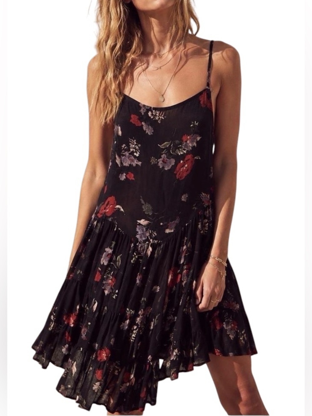 🆕Free People Intimately  Black Floral Spaghetti-Strap Babydoll Tunic Mini Dress
